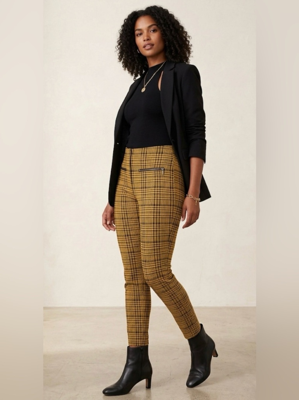 Joseph Ribkoff Mustard Plaid Skinny Pull-On Pants with Zip Pockets Detail